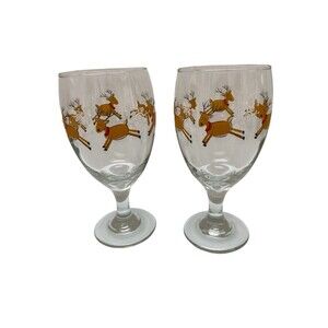 Set Of 2 Libbey Prancing Reindeer  Holiday Christmas Goblets 7” Tall 12 Oz